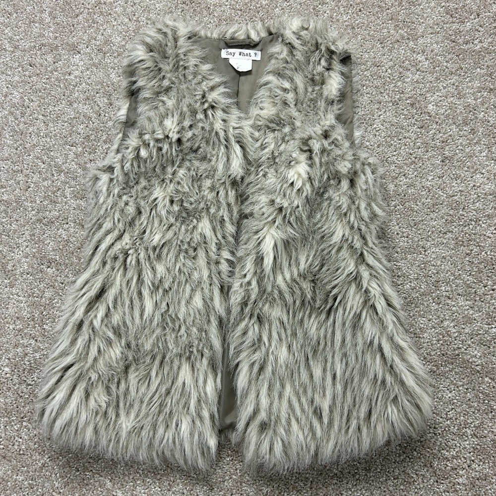 Vintage Say What ? Vest Womens M Gray Faux Fur Shearling Lined Open Front Boho